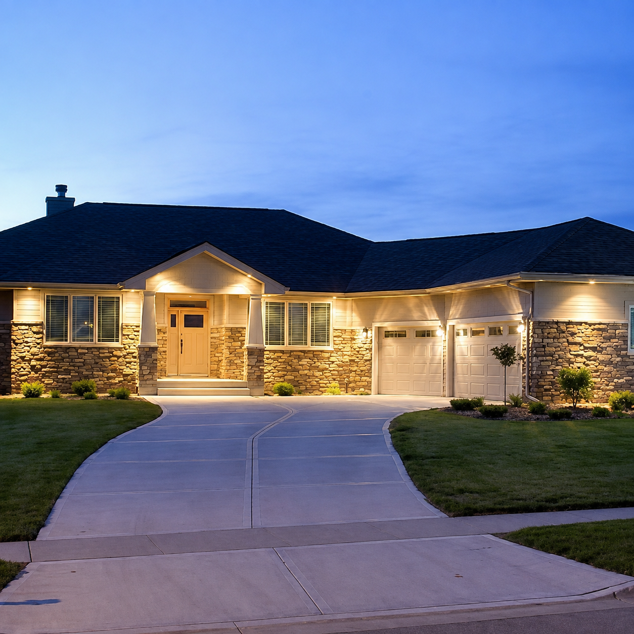 Hawk's Landing residence illuminated at twilight